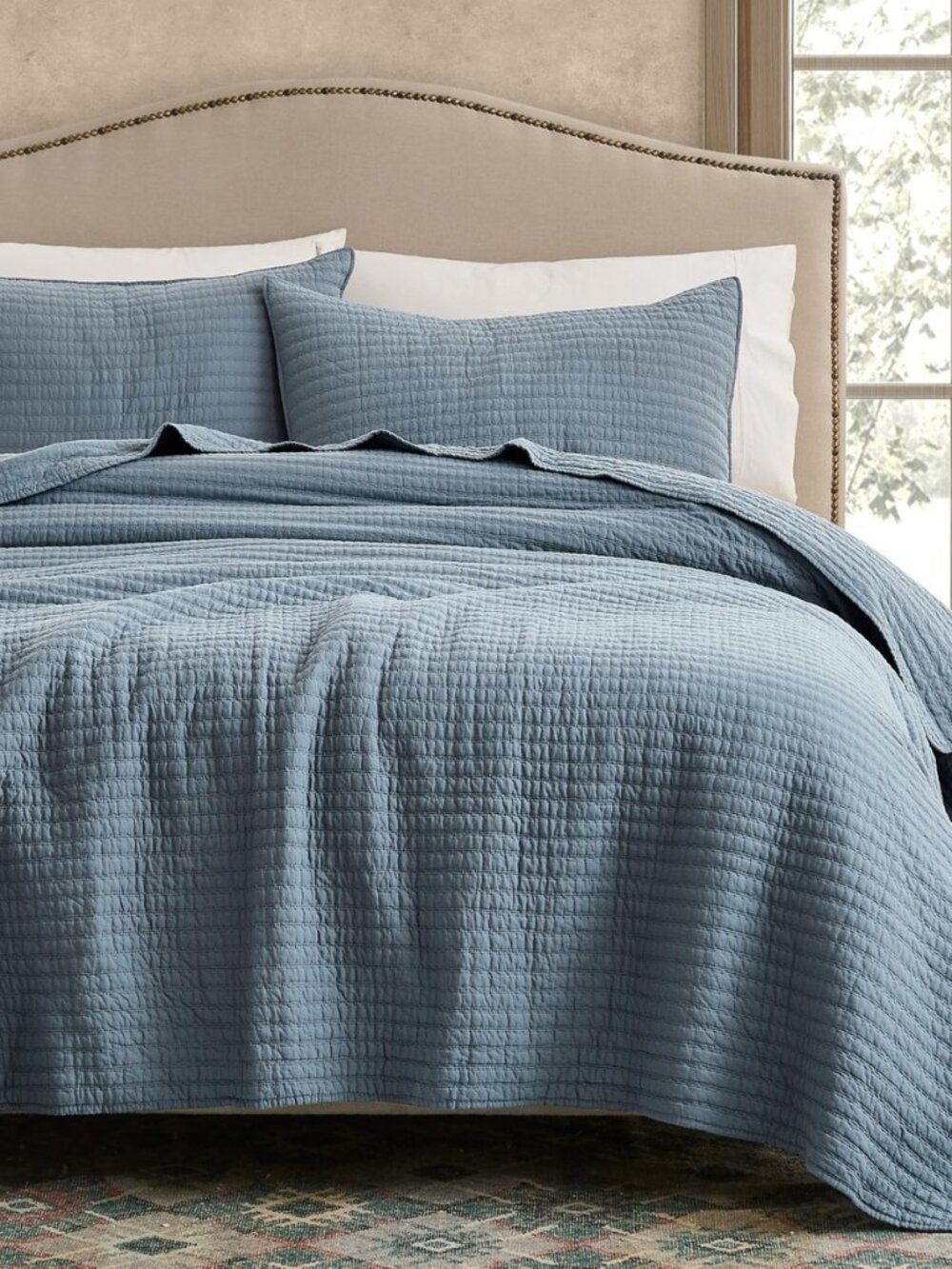 100% Cotton King Size Quilt Set, Channel Pick Stitch, Dusty Blue